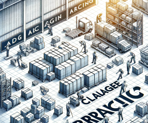 ' (Emballage, Calage, Arrimage) in a warehouse setting. Illustrate a scene where