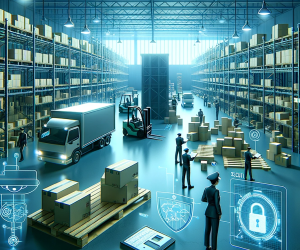 ' in a logistics setting. Depict a scene in a warehouse or distribution center where security measur